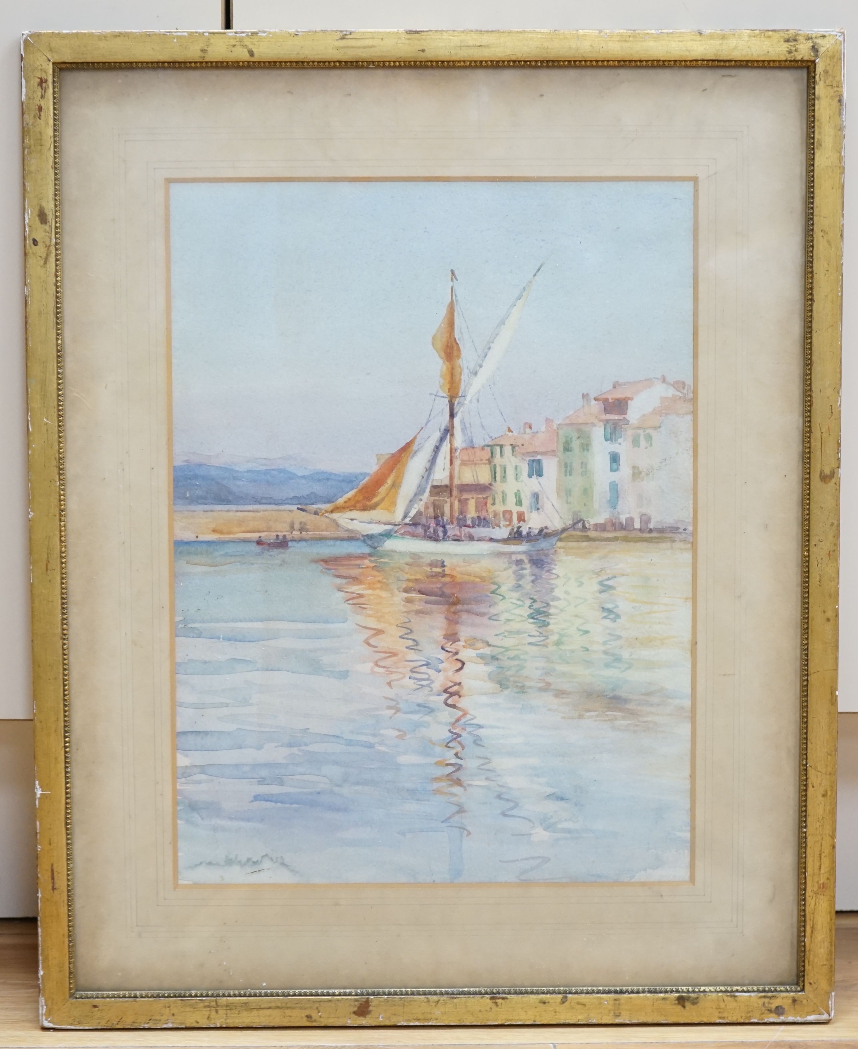 Early 20th century English School, watercolour, Dowh in a mediterannean harbour, 36 x 26cm